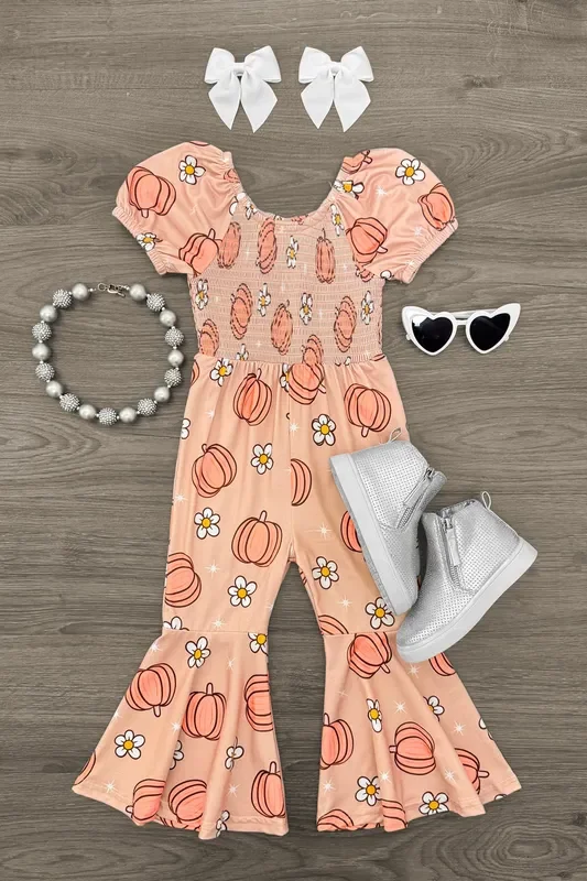 Pastel Pumpkin Daisy Bell Bottom Jumpsuit