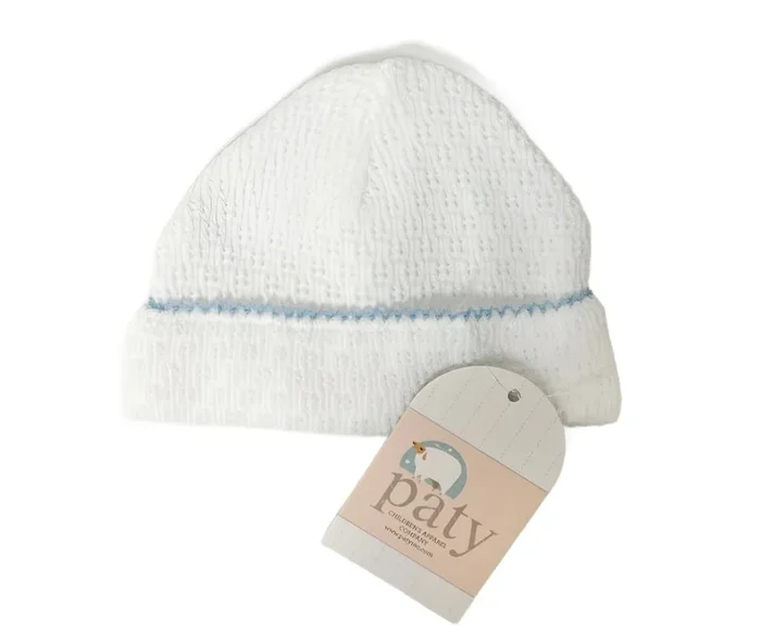 Paty White Knit Beanie With Blue Trim