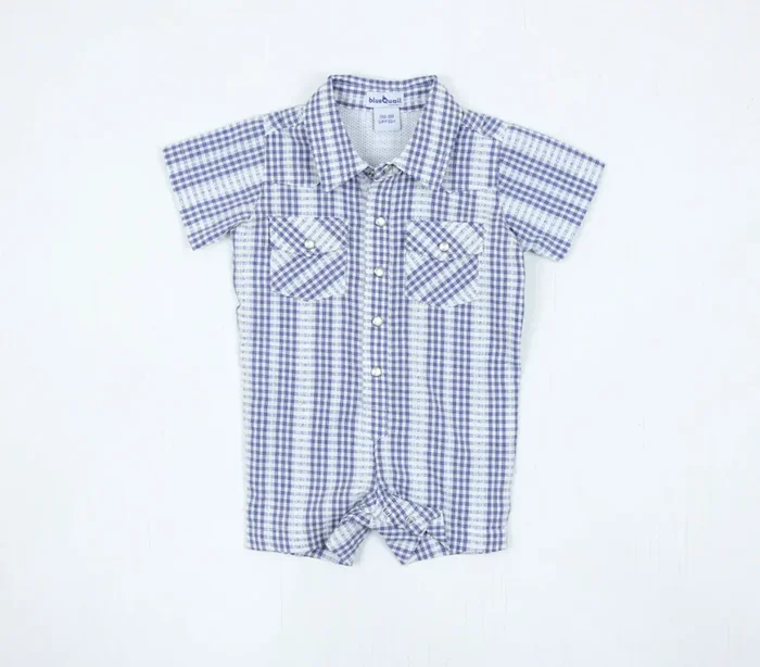 Pearl Snap Romper | Navy Plaid