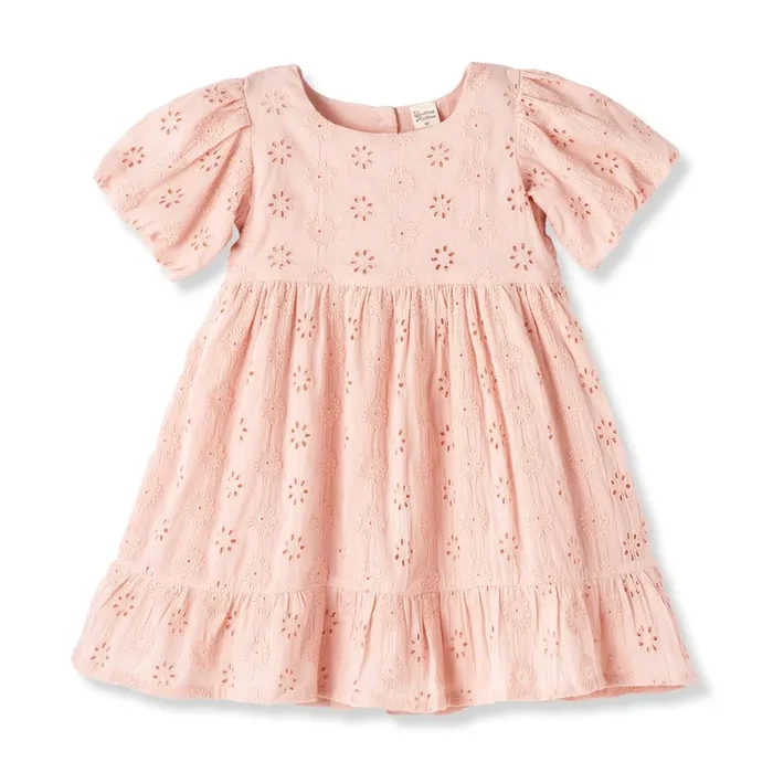 Pink Cotton Eyelet Dress With Puff Sleeves