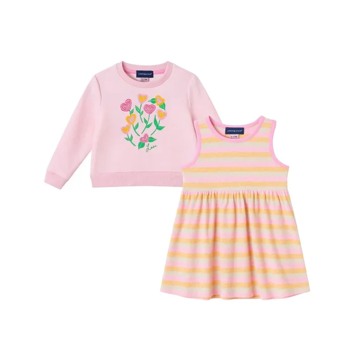 Pink Floral Crochet Sweatshirt + Dress Set