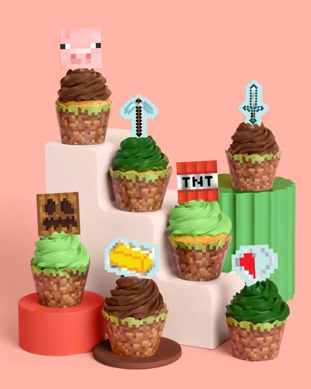 Pixel Mining Cupcake Set – 30 Sets Of Liners + Toppers