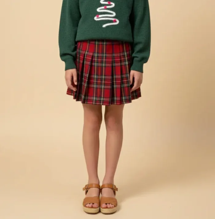 Plaid Pleated Twill Skirt | Red