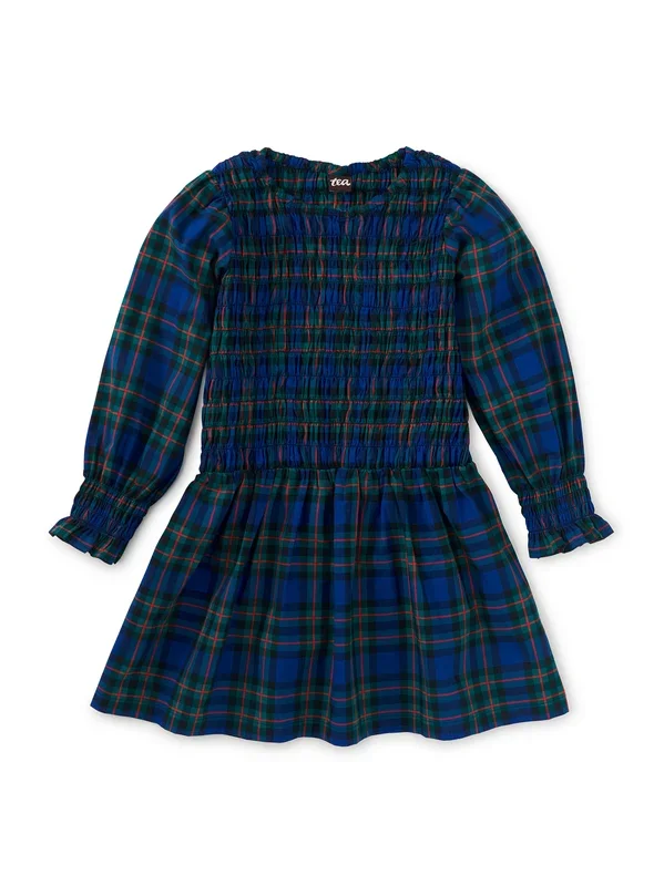 Plaid Smocked Woven Blouson Sleeve Dress