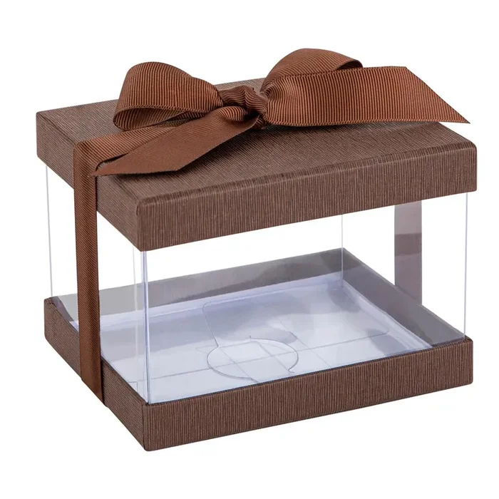Plastic Gift Boxes Brown 5x4x3.5 ” 6 Pack Bakery Boxes With Base Lid & Ribbon