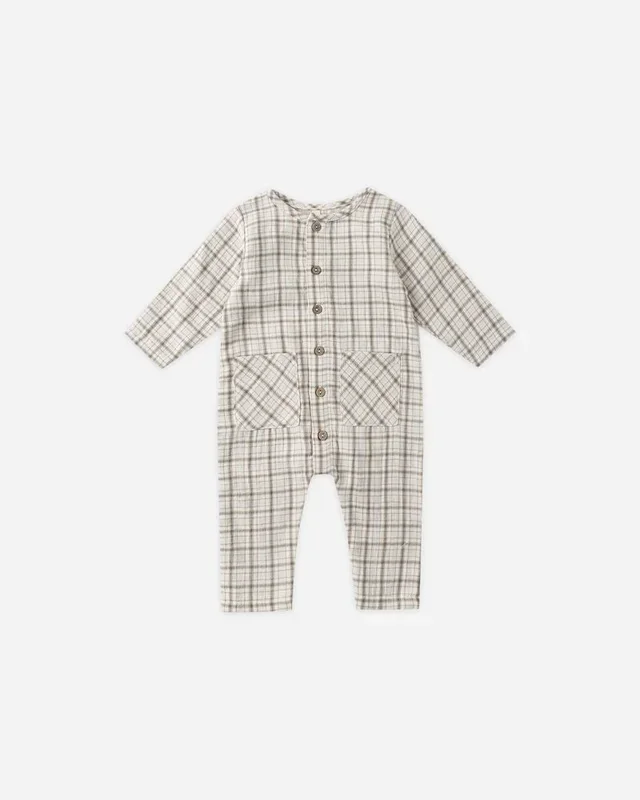 Pocketed Woven Jumpsuit | Blue Plaid