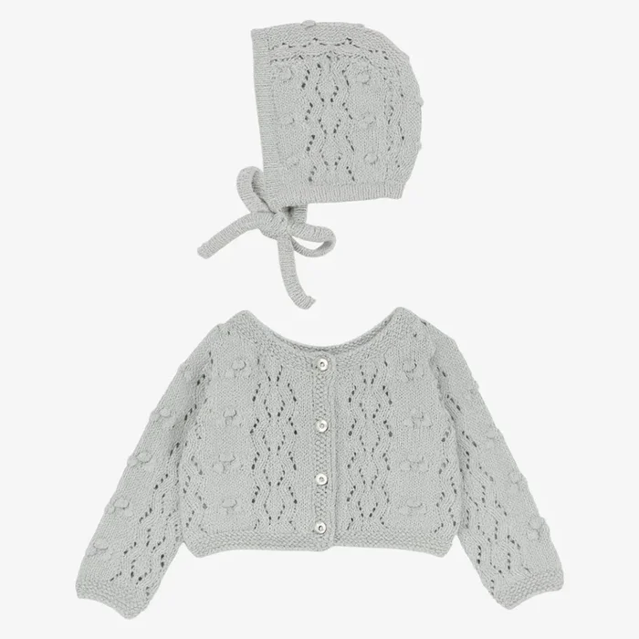 Popcorn Weave Cardigan And Bonnet – Light Blue