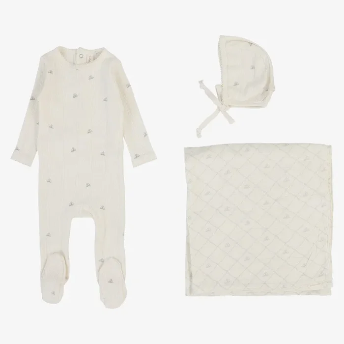 Printed Pointelle Take Me Home Set – Cream & Blue Crown
