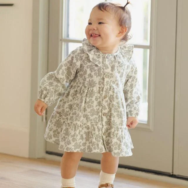 Quincy Mae – Organic Ruffle Collar Dress – Green Floral