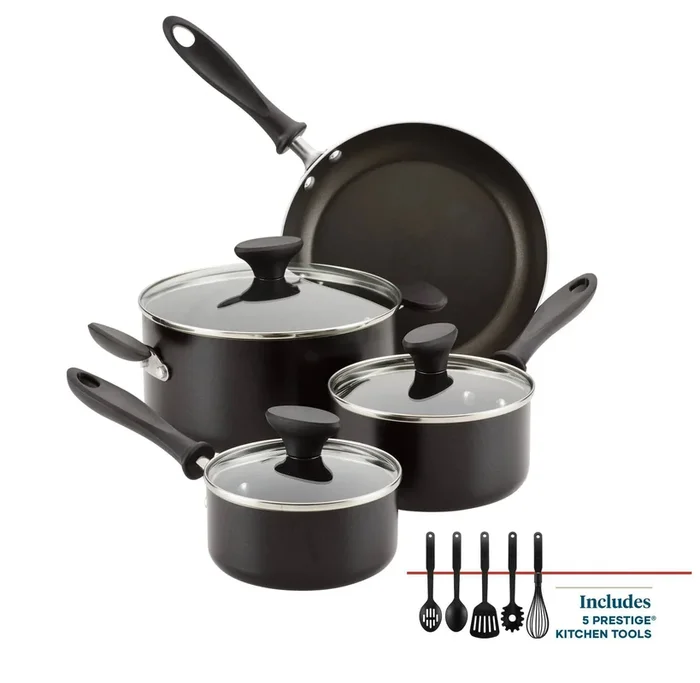 Reliance 12pc Nonstick Aluminum Cookware Set with Prestige Tools – Black