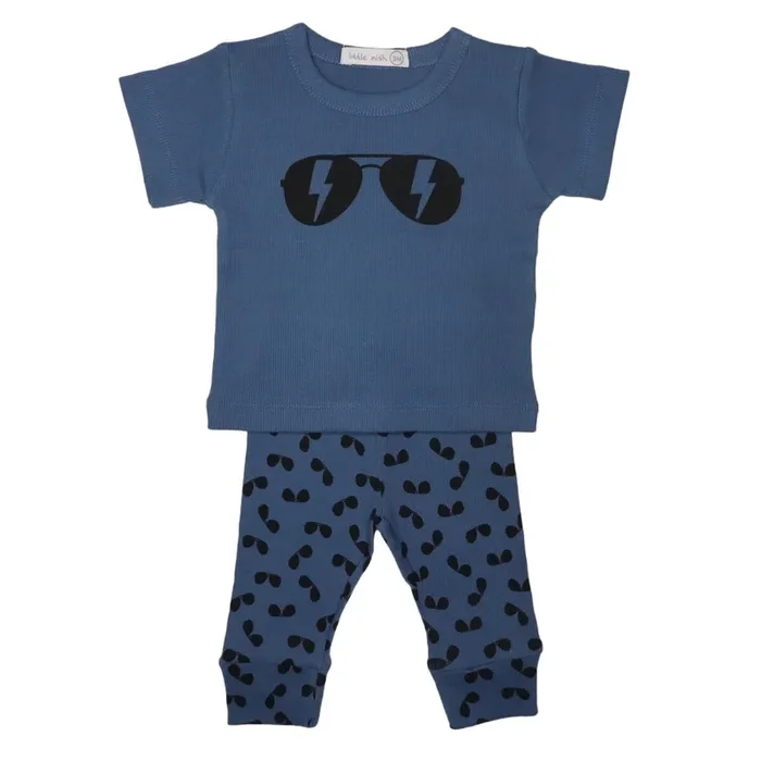 Ribbed Denim Sunglasses Tee & Pant Set