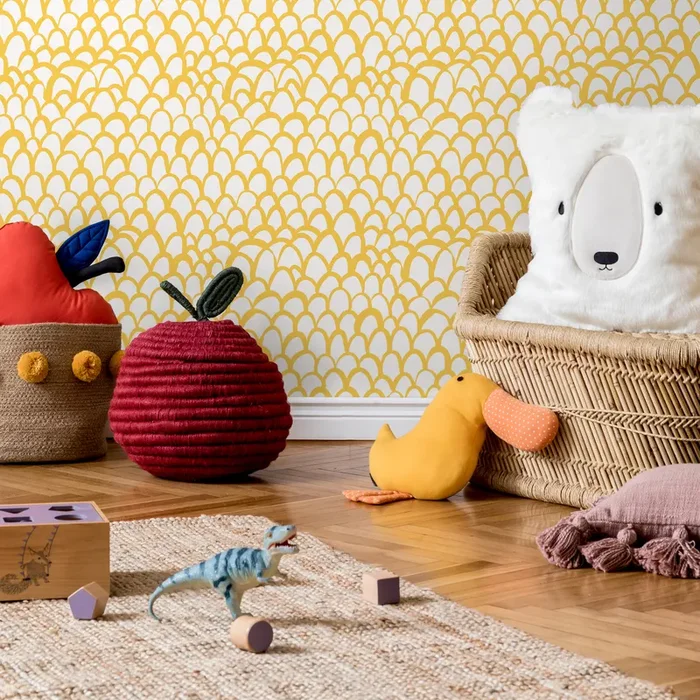 Scandinavian Wallpaper With An Arched Scales Motif In Yellow – B032