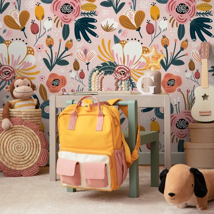 Scandinavian Wallpaper With Folk Art Florals In Pink, Yellow, And Teal – B303