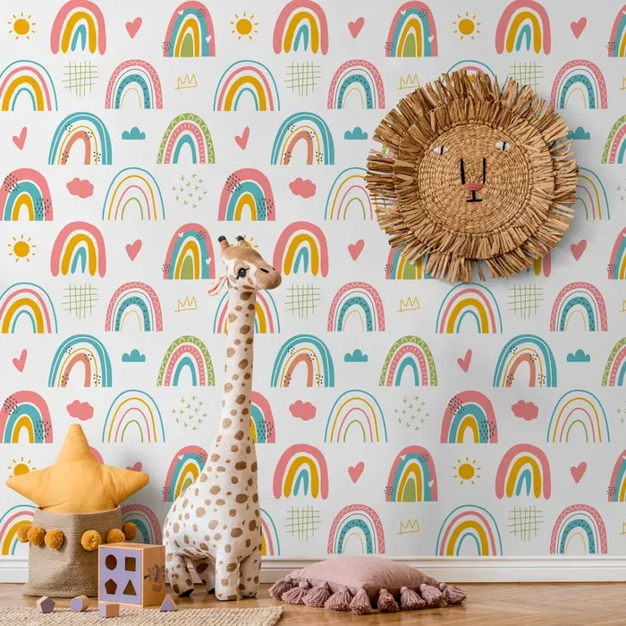 Scandinavian Wallpaper With Hand-drawn Rainbows In Pink, Yellow, And Teal – B487