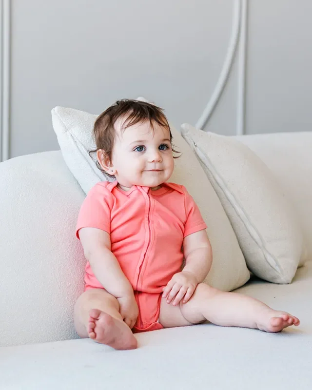Short Sleeve Zipper Bodysuit In Rose, 9-12m