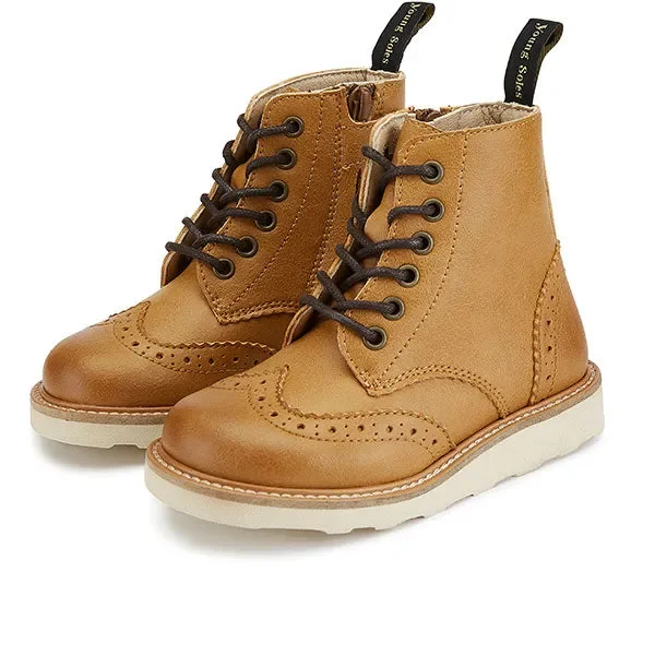 Sidney Vegan Brogue Kids Boot Tan Burnished Synthetic Leather