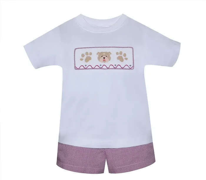 Smocked Boy Short Set – Maroon/White