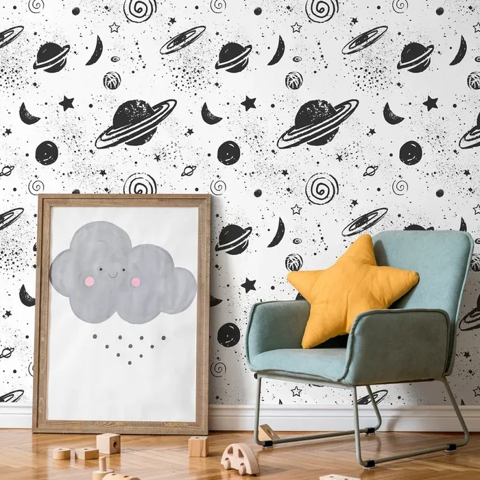 Space Wallpaper Featuring Hand-drawn Planets And Stars In Black And White – A441
