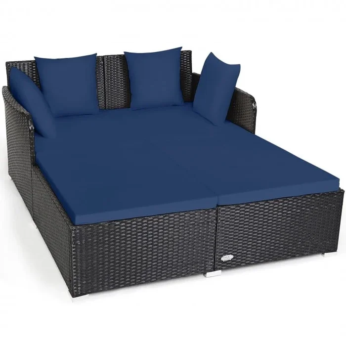 Spacious Outdoor Rattan Daybed With Upholstered Cushions and Pillows-Navy