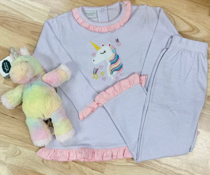 Squiggles by Charlie Lavender Mini Stripe Unicorn Ruffle Pant Set