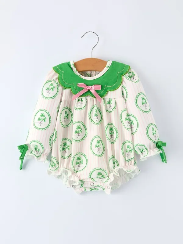 St. Patrick’s Day Shamrock Striped Long Sleeve Baby Girl Romper