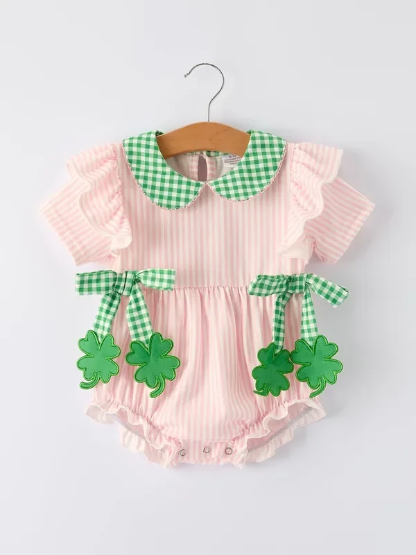 St. Patrick’s Day Shamrock Striped Plaid Baby Girl Romper