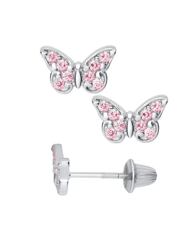 Sterling Silver Pink Butterfly Girls Stud Earrings