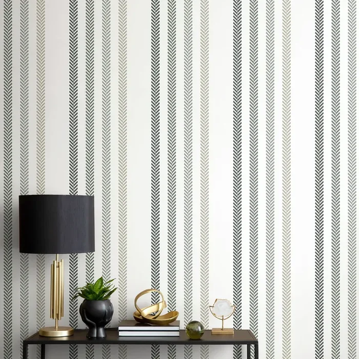 Striped Wallpaper With A Textured Herringbone Motif In Green And Taupe – D780