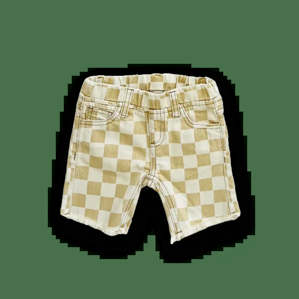 Tan Check Denim Shorts