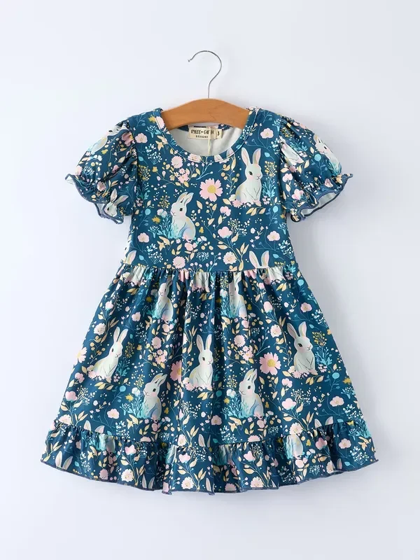 Teal Bunny Garden Ruffle Sleeve Girls Dress