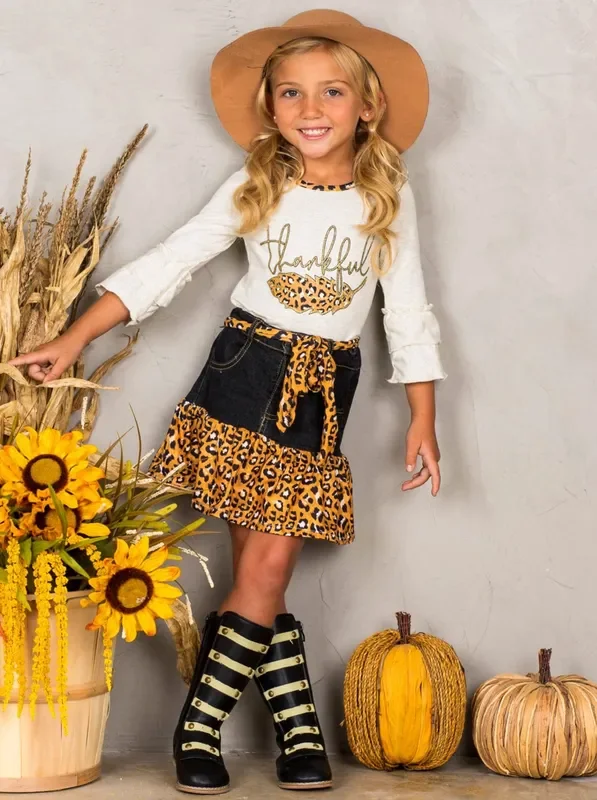Thankful Leopard Ruffled Denim Skirt Set