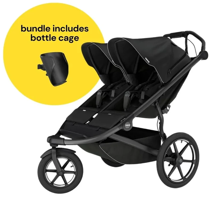 Thule Urban Glide 3 Double Jogging Stroller with NON-Magnetic Buckle+ Bottle Cage Bundle – Black