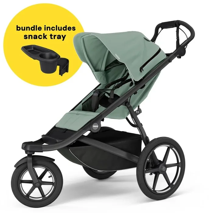 Thule Urban Glide 3 Single Jogging Stroller with NON-Magnetic Buckle + Snack Tray Bundle – Mist Green