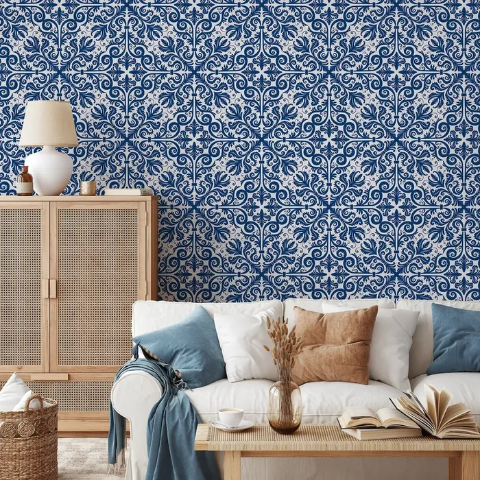 Tile Wallpaper With An Ornate Portuguese Azulejos Motif In Blue And White – A549