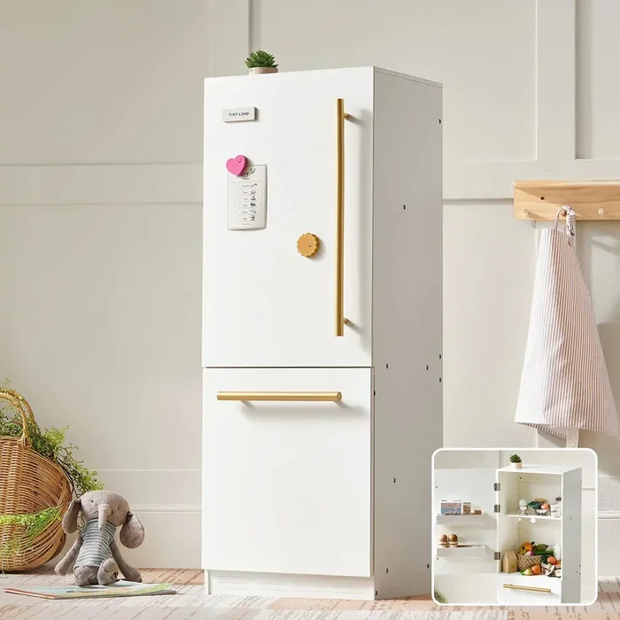 Tiny Land® Play Kitchen Accessories – Play Kitchen Fridge: Wooden Cabinet Refrigerator for Kids
