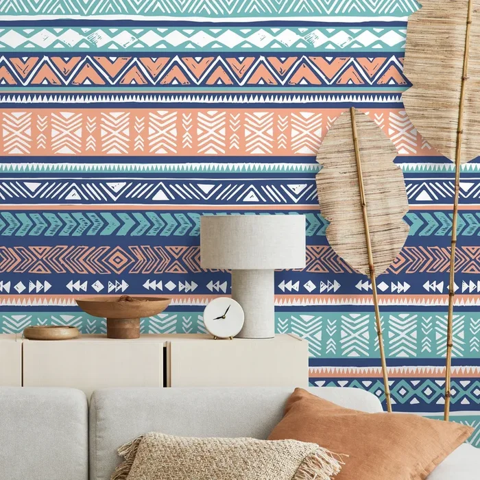Tribal Wallpaper With Ethnic Geometric Stripes In Blue, Terracotta, And Teal – A818