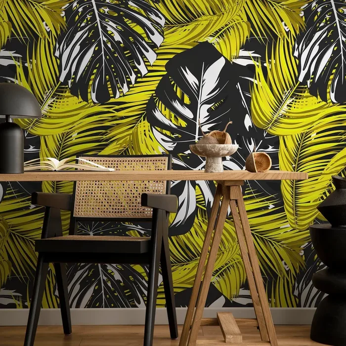 Tropical Wallpaper Featuring Bold Leaves In Yellow, Black, And White – B139