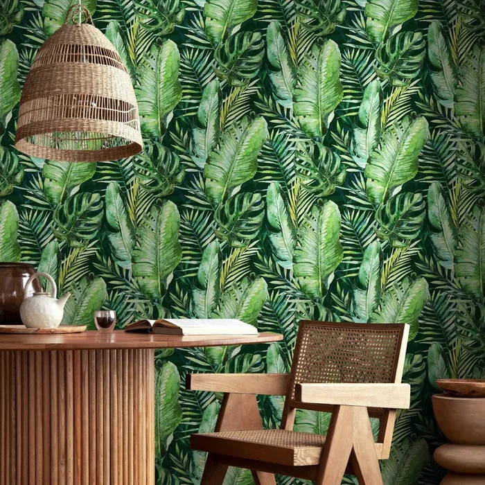 Tropical Wallpaper Featuring Watercolor Jungle Leaves In Green And Yellow – A927