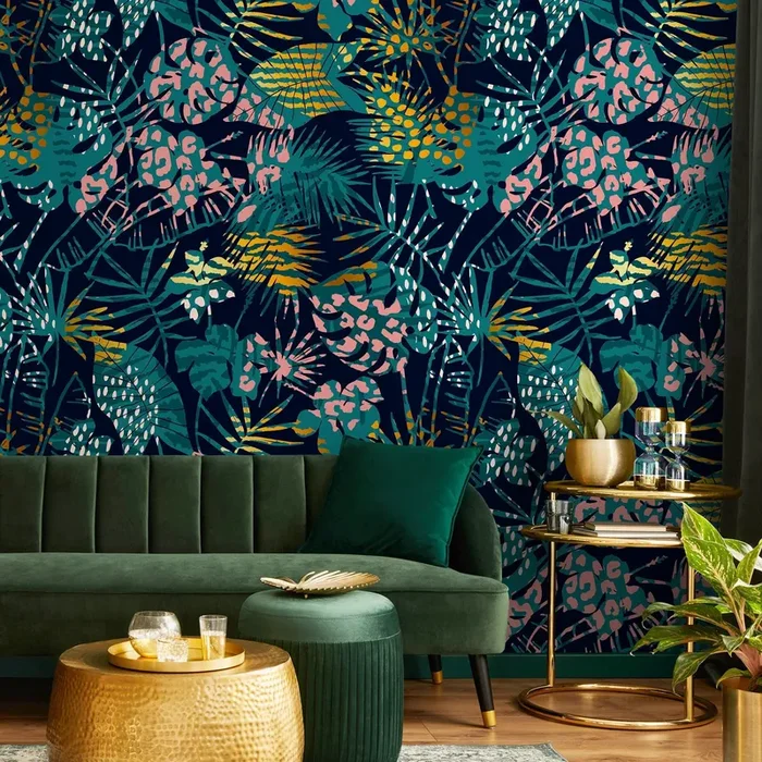 Tropical Wallpaper With Animal Print Leaves In Teal, Pink, And Gold – A782