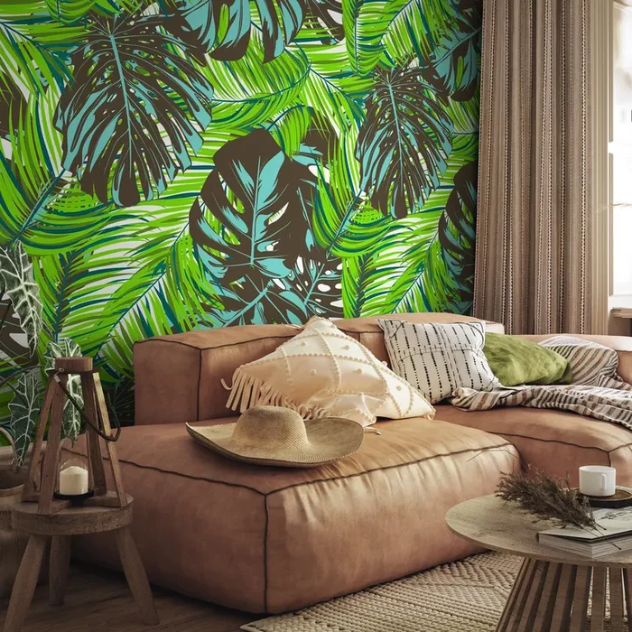 Tropical Wallpaper With Lush Monstera Leaves In Green, Blue, And Brown – B104