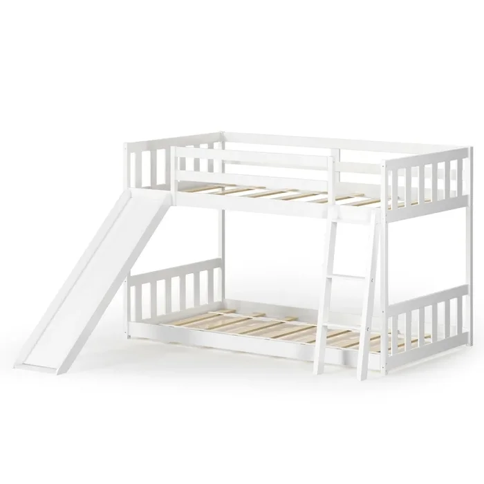 Twin Over Twin Bunk Wooden Low Bed With Slide Ladder for Kids-White