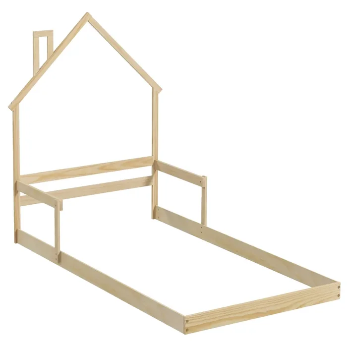 Twin Size Floor Bed With Chimney and Headboard and Handrail-Natural