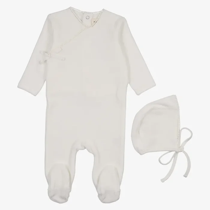 Velour Side Snap Footie And Bonnet – Winter White