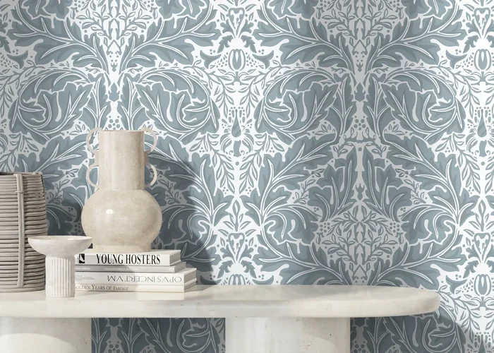 Victorian Wallpaper With An Elegant Botanical Damask In Light Blue – D268