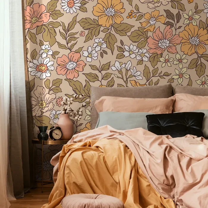 Vintage Floral Wallpaper With A Retro Meadow Design In Yellow, Pink, And Green – Zacd