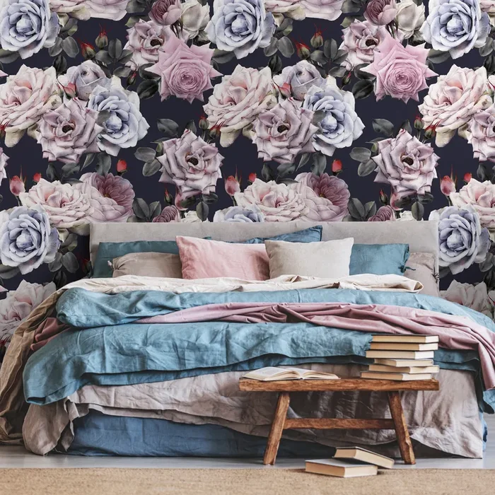 Vintage Wallpaper With A Dark Floral Rose Motif In Pink And Blue – B184