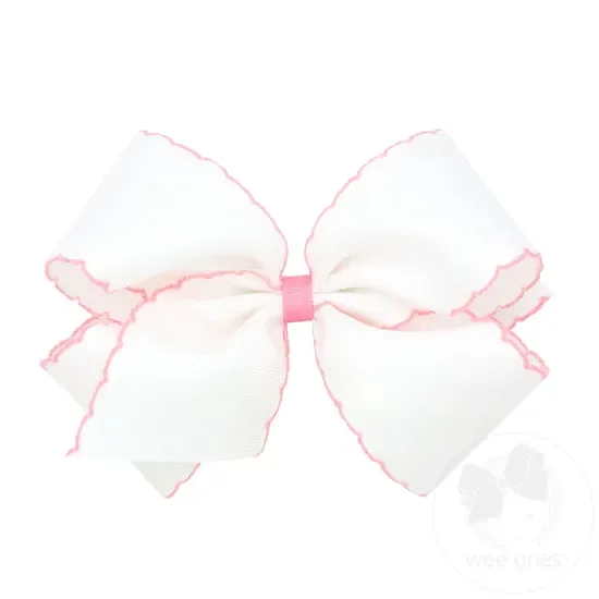 Wee Ones King Moonstitch Grosgrain Hair Bow with Contrasting Wrap- White with Light Pink