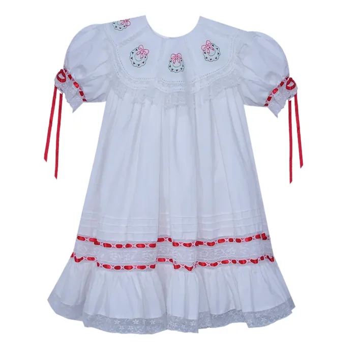 White Lucille Dress – Christmas Wreath Embroidery