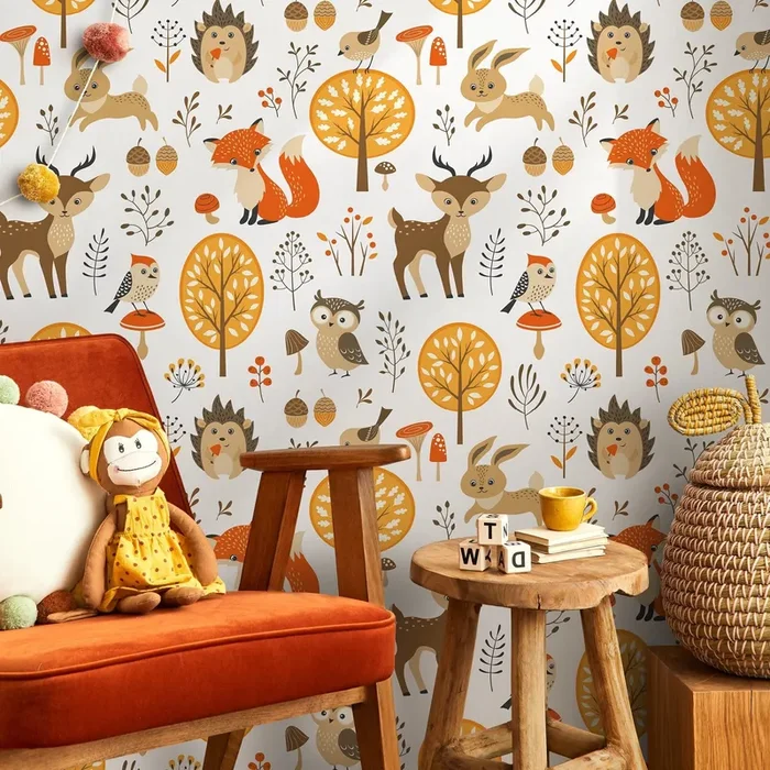 Woodland Wallpaper Featuring Forest Animals In Orange, Brown, And Yellow – A082