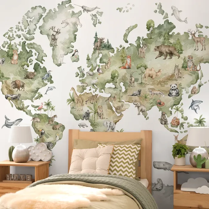 World Map Wallpaper Featuring Animals Of The World In Green And Beige – C220